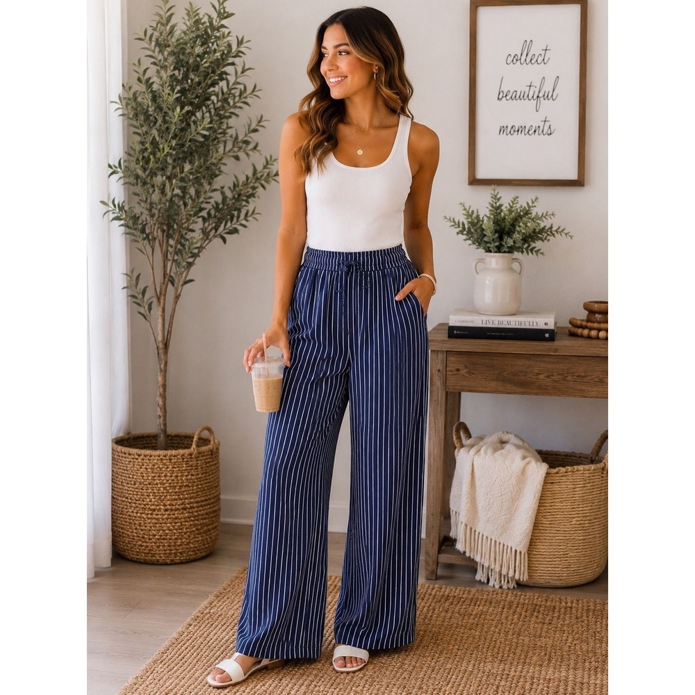 NWT Navy & White Pinstripe Wide Leg Lounge Pants